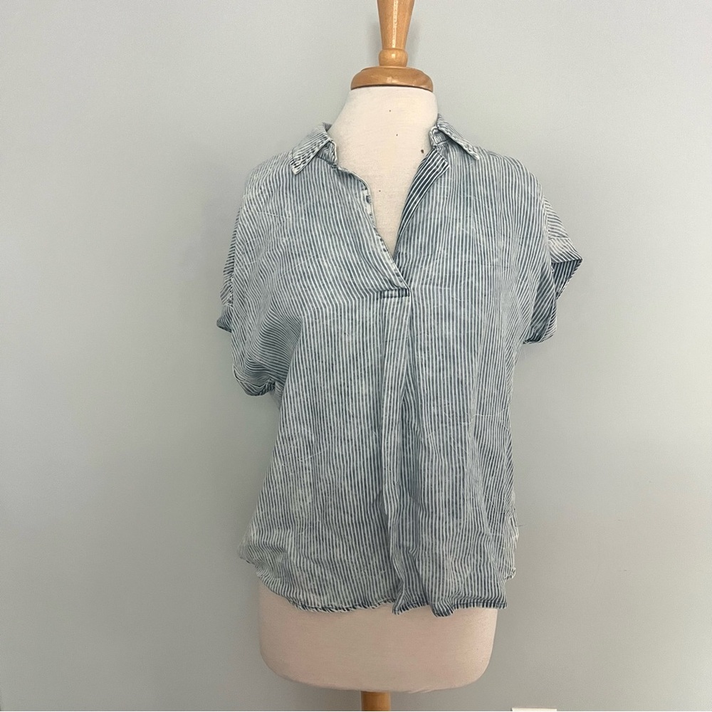 NEW NWT Billy T Railroad Denim Light Blue Striped Relaxed Fit Top Size L